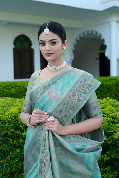 Indyancart GR Women's Rangkat Baby Blue Leheriya Design Banarasi Organza Saree