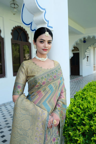 Indyancart GR Women's Rangkat Ash Grey Leheriya Design Banarasi Organza Saree