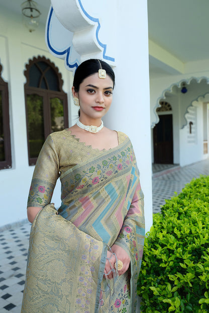 Dhiyona GR Women's Rangkat Ash Grey Leheriya Design Banarasi Organza Saree