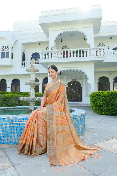 Indyancart GR Women's Rangkat Pumpkin Orange Leheriya Design Banarasi Organza Saree