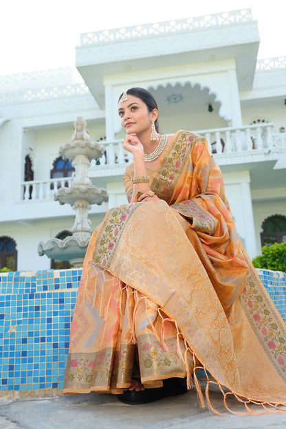 Dhiyona GR Women's Rangkat Pumpkin Orange Leheriya Design Banarasi Organza Saree