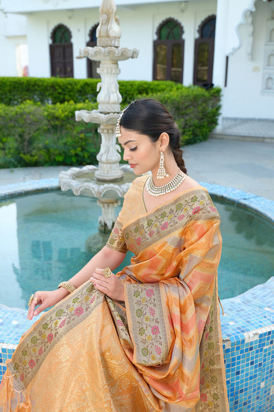 Indyancart GR Women's Rangkat Pumpkin Orange Leheriya Design Banarasi Organza Saree