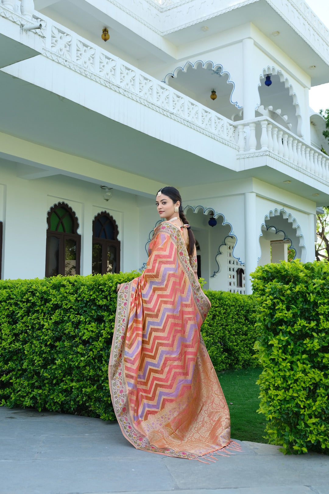 Dhiyona GR Women's Rangkat Salmon Pink Leheriya Design Banarasi Organza Saree