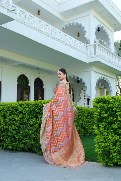 Dhiyona GR Women's Rangkat Salmon Pink Leheriya Design Banarasi Organza Saree