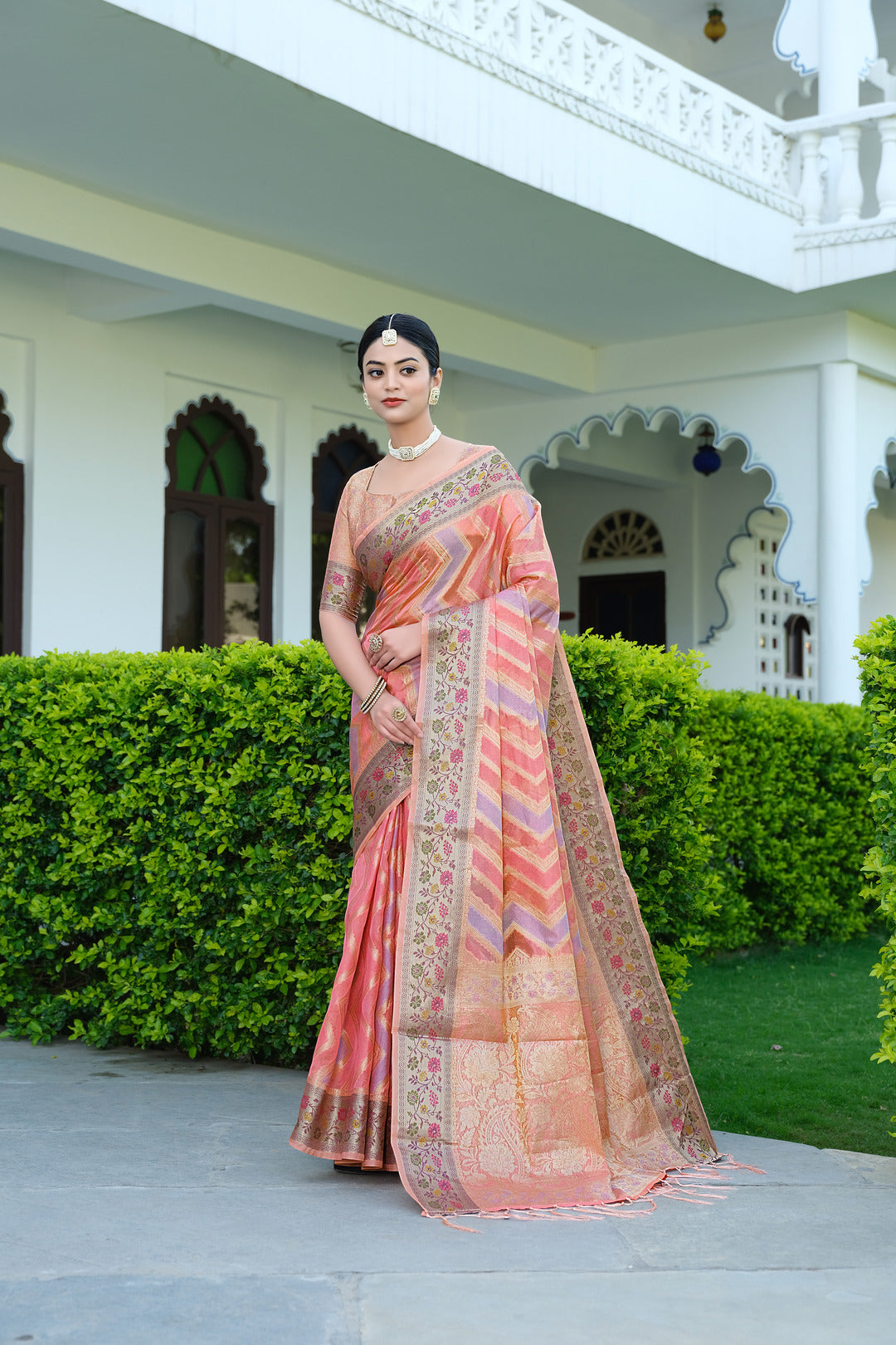 Dhiyona GR Women's Rangkat Salmon Pink Leheriya Design Banarasi Organza Saree