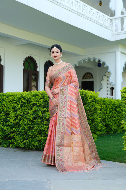 Dhiyona GR Women's Rangkat Salmon Pink Leheriya Design Banarasi Organza Saree