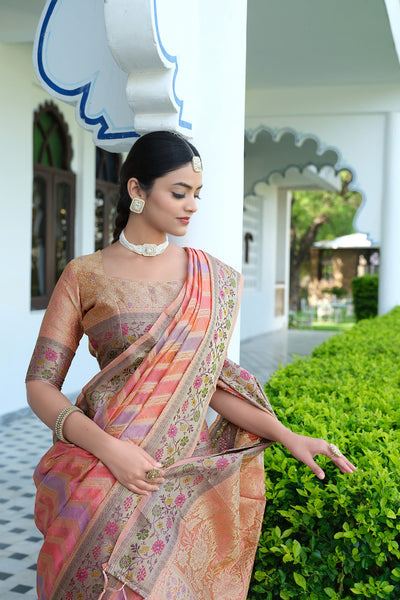 Indyancart GR Women's Rangkat Salmon Pink Leheriya Design Banarasi Organza Saree