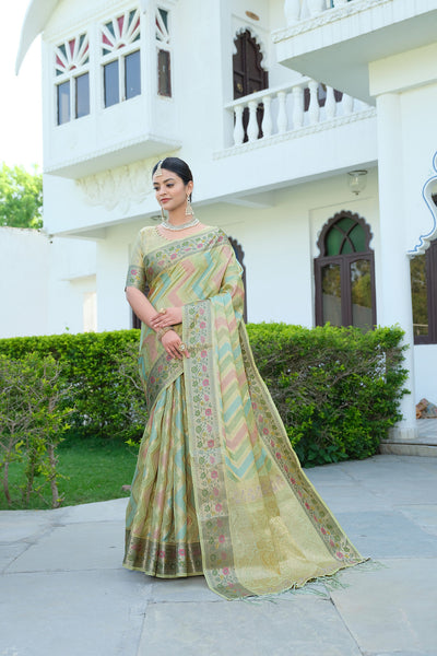 Indyancart GR Women's Rangkat Sage Green Leheriya Design Banarasi Organza Saree