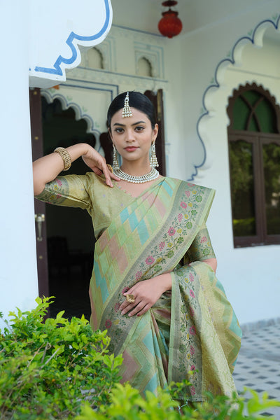 Indyancart GR Women's Rangkat Sage Green Leheriya Design Banarasi Organza Saree