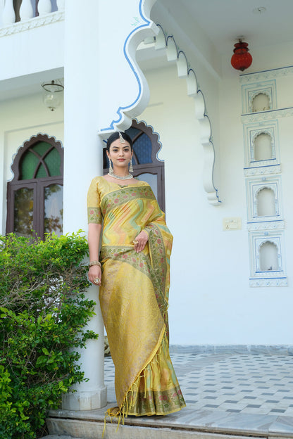 Dhiyona GR Women's Rangkat Bumblebee Yellow Leheriya Design Banarasi Organza Saree