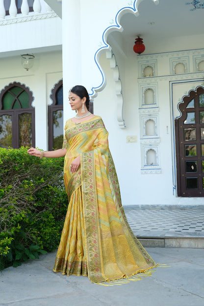 Dhiyona GR Women's Rangkat Bumblebee Yellow Leheriya Design Banarasi Organza Saree