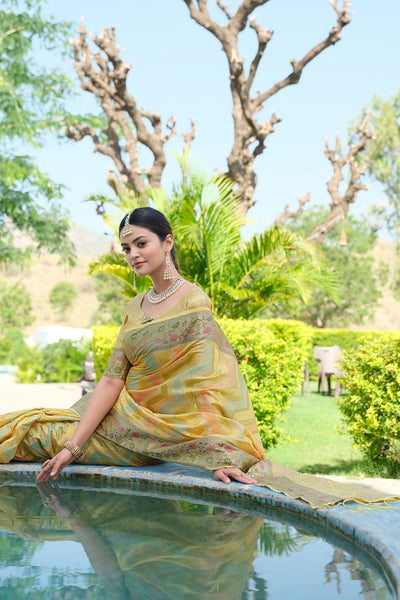 Indyancart GR Women's Rangkat Bumblebee Yellow Leheriya Design Banarasi Organza Saree