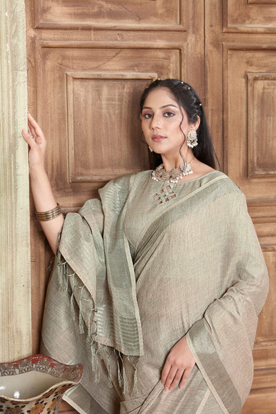 Indyancart GR Women's Rangrez Spanish Grey Soft Linen Solid Woven Saree