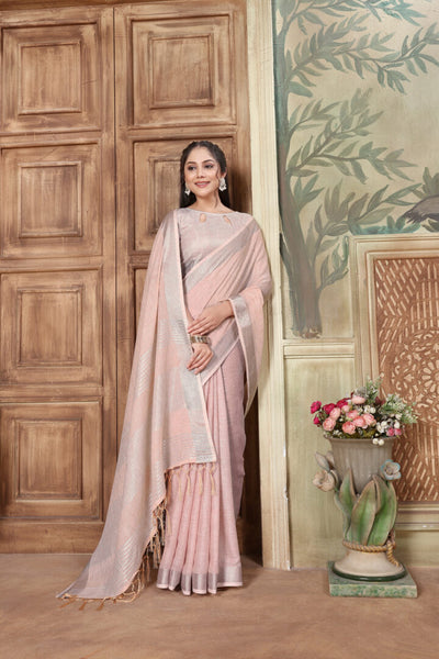 Indyancart GR Women's Rangrez Misty Rose Pink Soft Linen Solid Woven Saree