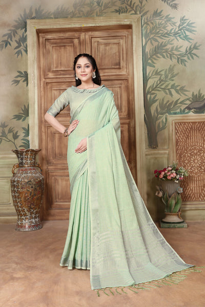 Indyancart GR Women's Rangrez Raw Green Soft Linen Solid Woven Saree