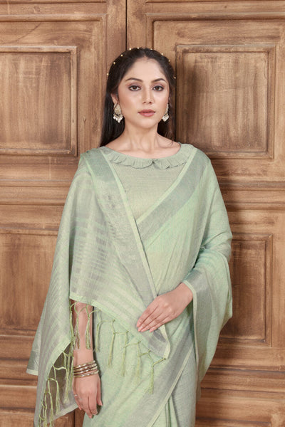 Indyancart GR Women's Rangrez Raw Green Soft Linen Solid Woven Saree