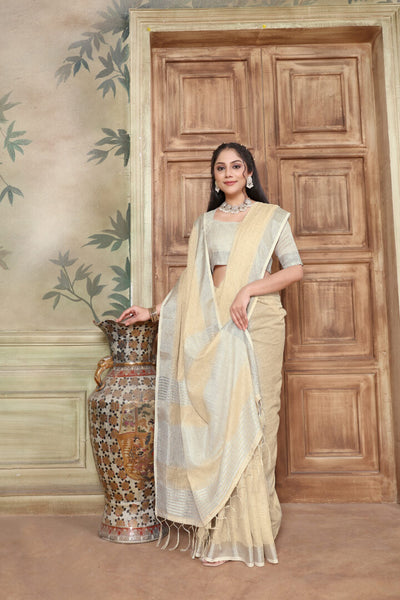 Indyancart GR Women's Rangrez Parmesan Yellow Soft Linen Solid Woven Saree
