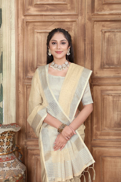 Indyancart GR Women's Rangrez Parmesan Yellow Soft Linen Solid Woven Saree