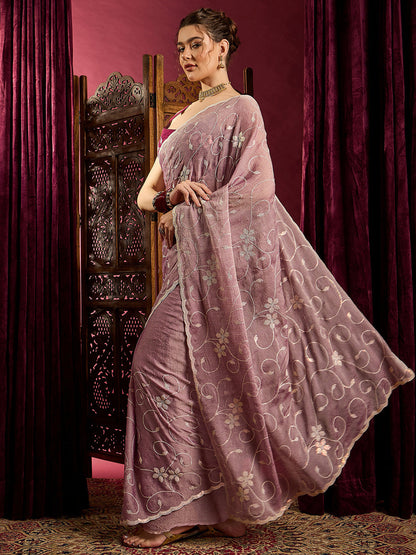 Women's Chiffon Lavendar Embroidered Designer Saree With Blouse Piece