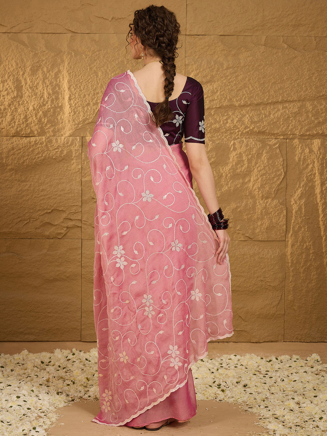 Women's Chiffon Pink Embroidered Designer Saree With Blouse Piece