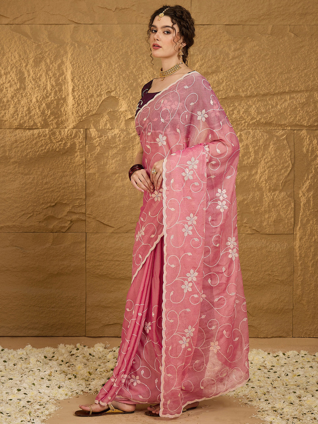 Women's Chiffon Pink Embroidered Designer Saree With Blouse Piece