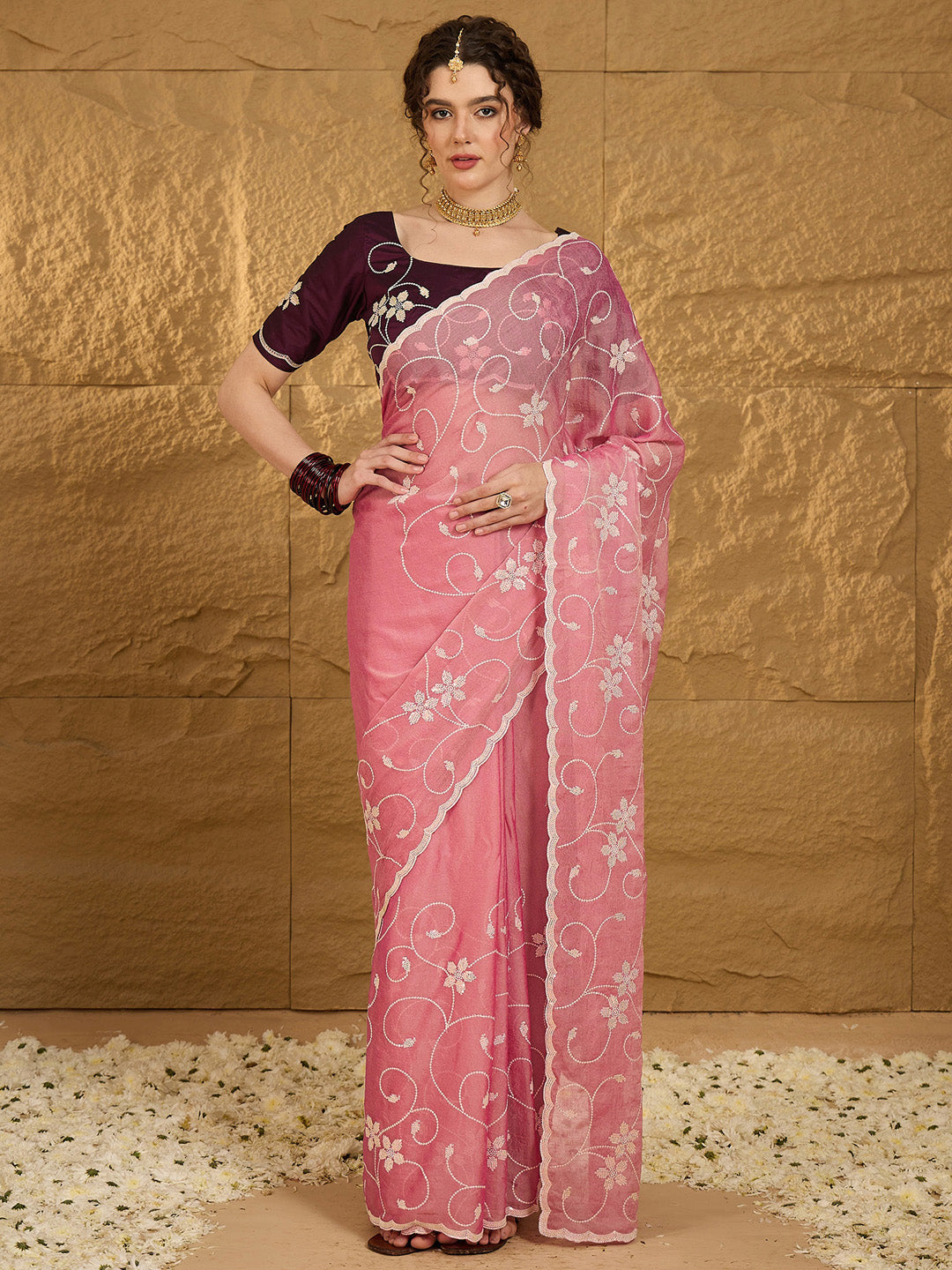 Women's Chiffon Pink Embroidered Designer Saree With Blouse Piece