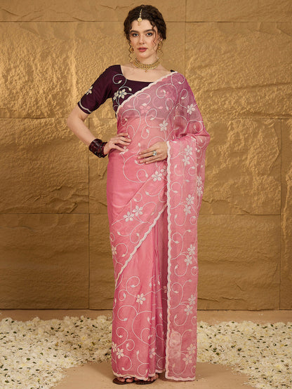 Women's Chiffon Pink Embroidered Designer Saree With Blouse Piece