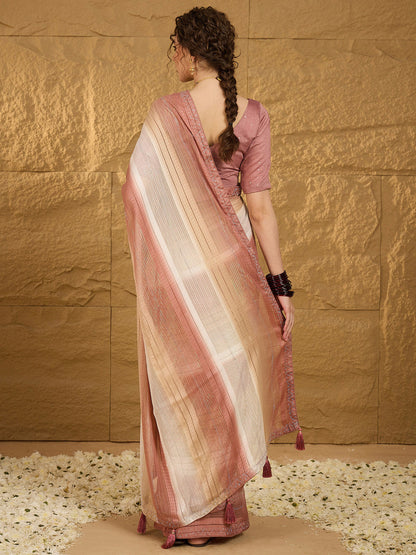 Women's Chiffon Brown Embellished Designer Saree With Blouse Piece