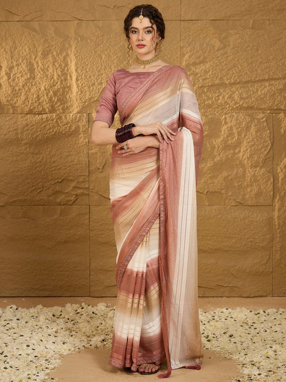 Women's Chiffon Brown Embellished Designer Saree With Blouse Piece