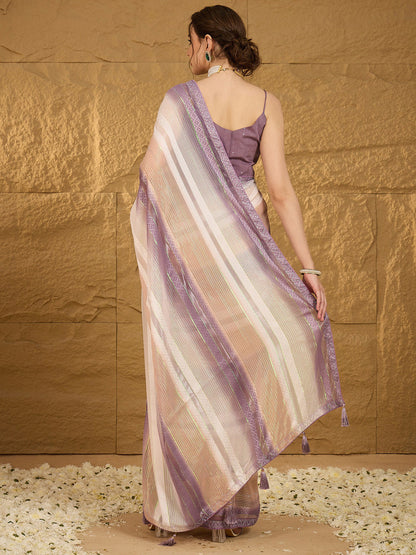 Women's Chiffon Lavendar Embellished Designer Saree With Blouse Piece