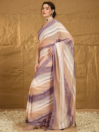 Women's Chiffon Lavendar Embellished Designer Saree With Blouse Piece