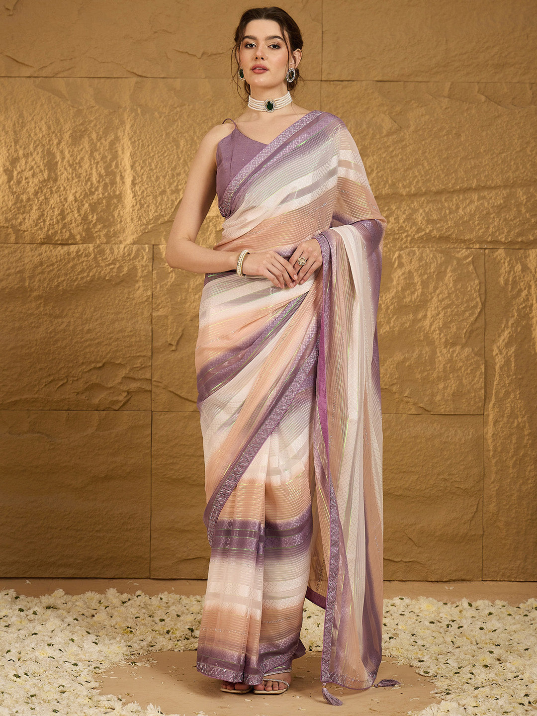 Women's Chiffon Lavendar Embellished Designer Saree With Blouse Piece