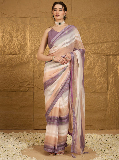 Women's Chiffon Lavendar Embellished Designer Saree With Blouse Piece