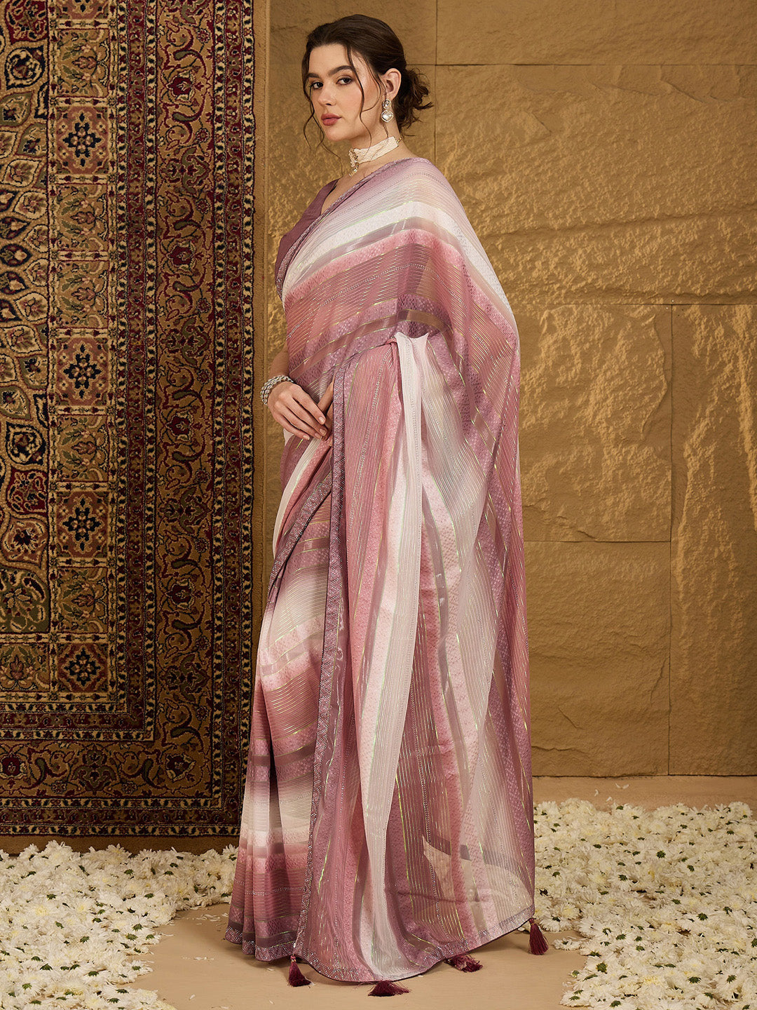 Women's Chiffon Burgundy Embellished Designer Saree With Blouse Piece