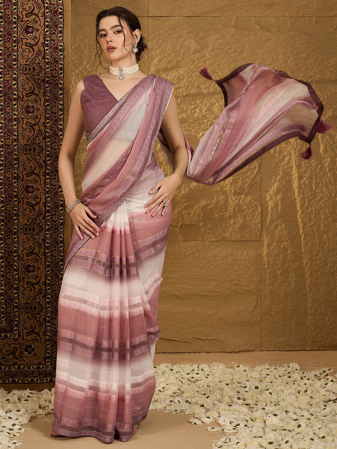 Women's Chiffon Burgundy Embellished Designer Saree With Blouse Piece