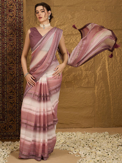 Women's Chiffon Burgundy Embellished Designer Saree With Blouse Piece