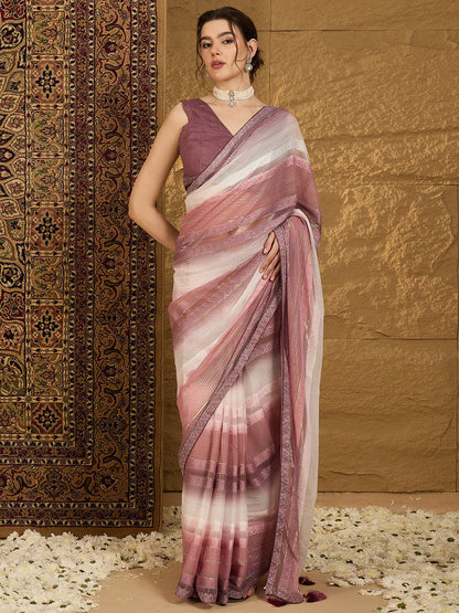 Women's Chiffon Burgundy Embellished Designer Saree With Blouse Piece