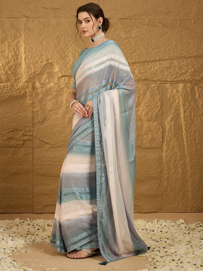 Women's Chiffon Blue Embellished Designer Saree With Blouse Piece