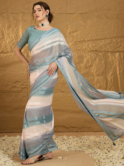 Women's Chiffon Blue Embellished Designer Saree With Blouse Piece