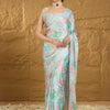 Women's Satin Silk Light Blue Embellished Designer Saree With Blouse Piece