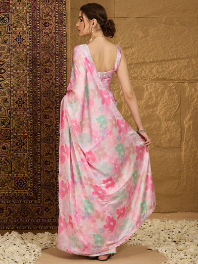 Women's Satin Silk Pink Embellished Designer Saree With Blouse Piece