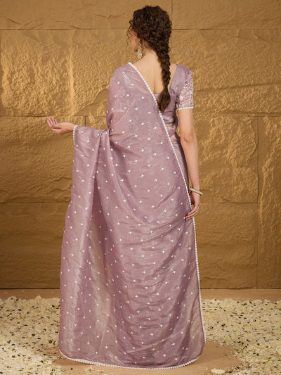 Women's Pure Chiffon Lavendar Embellished Designer Saree With Blouse Piece