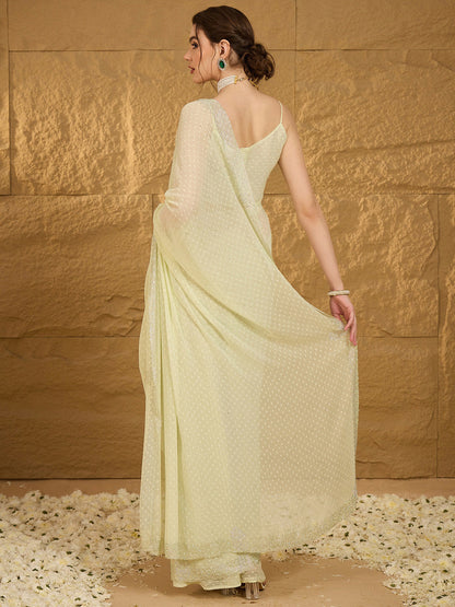 Women's Chiffon Light Green Embellished Designer Saree With Blouse Piece
