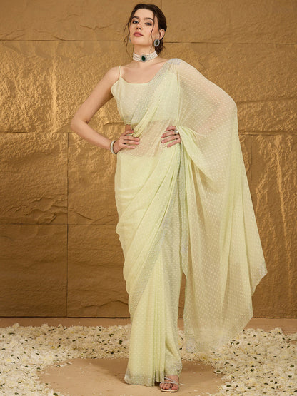 Women's Chiffon Light Green Embellished Designer Saree With Blouse Piece