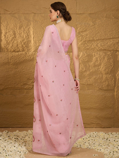 Women's Chiffon Pink Embellished Designer Saree With Blouse Piece