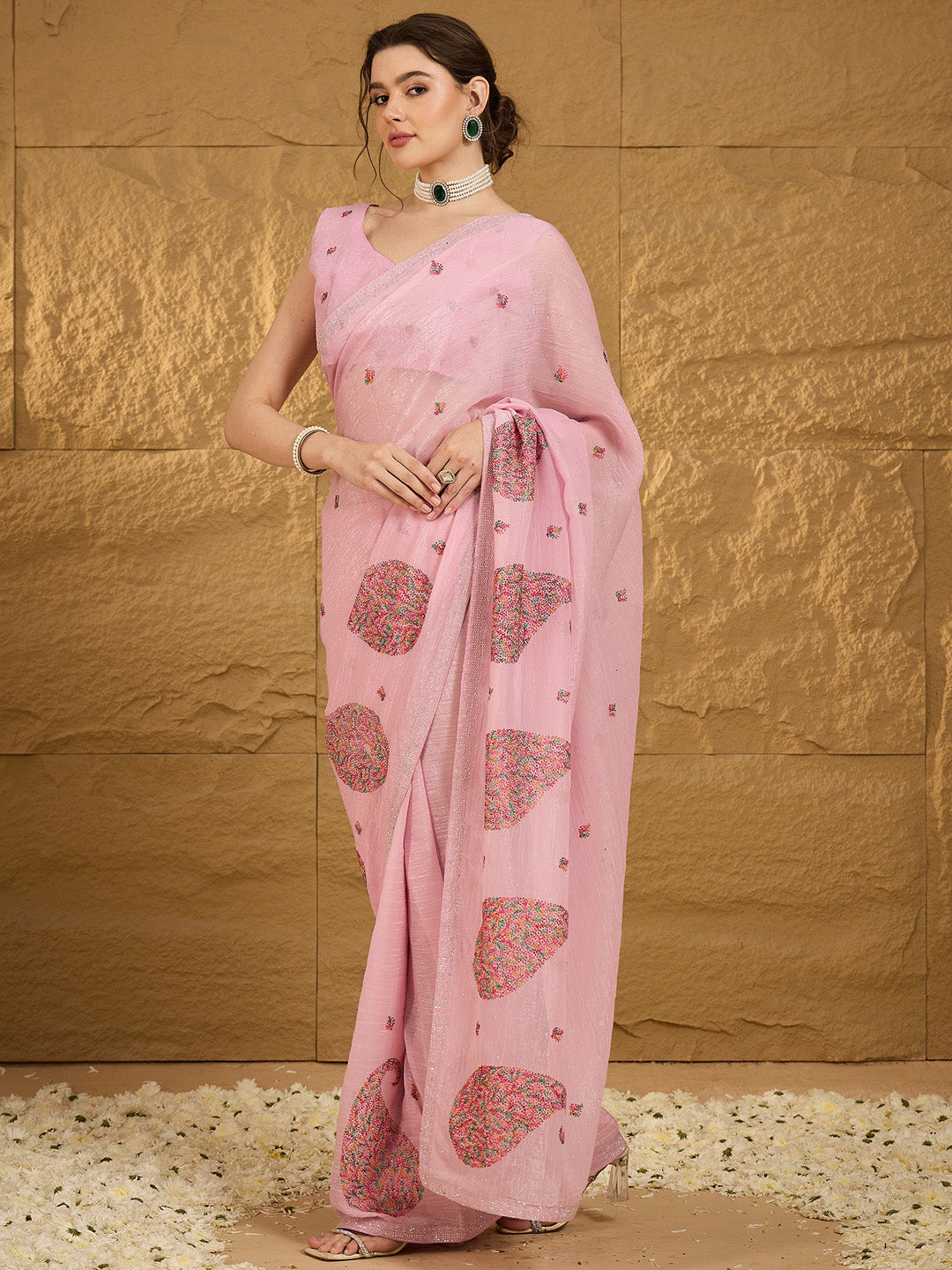 Women's Chiffon Pink Embellished Designer Saree With Blouse Piece