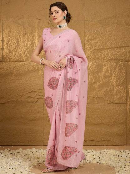 Women's Chiffon Pink Embellished Designer Saree With Blouse Piece