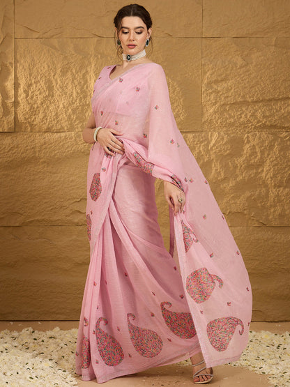 Women's Chiffon Pink Embellished Designer Saree With Blouse Piece