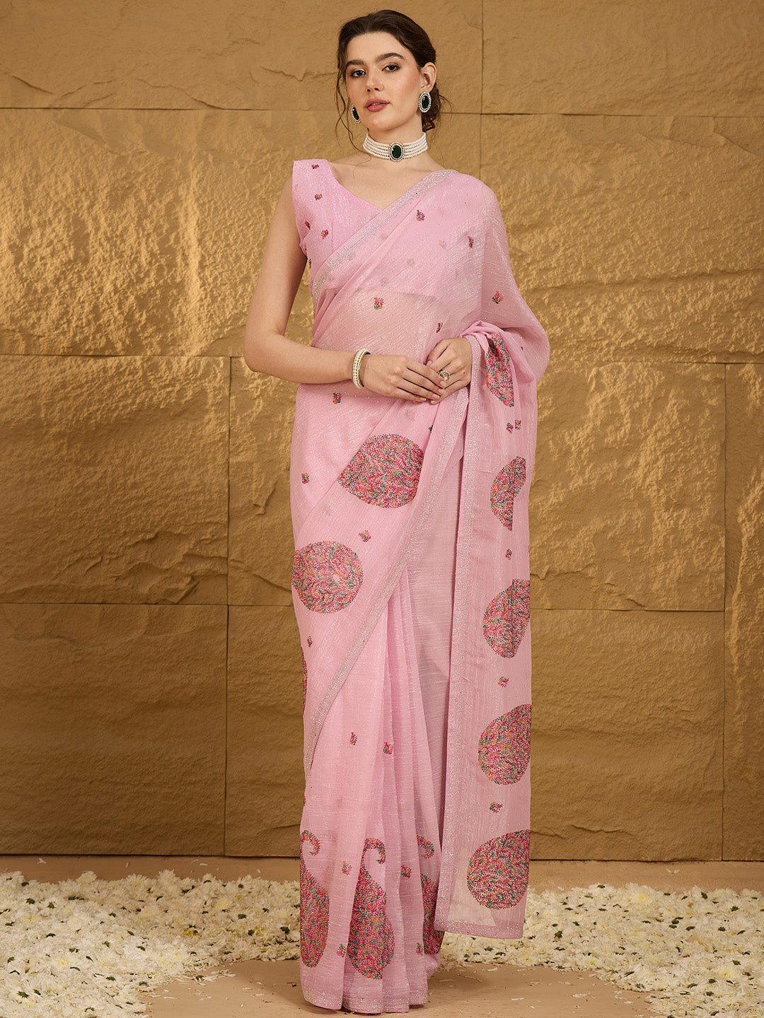 Women's Chiffon Pink Embellished Designer Saree With Blouse Piece