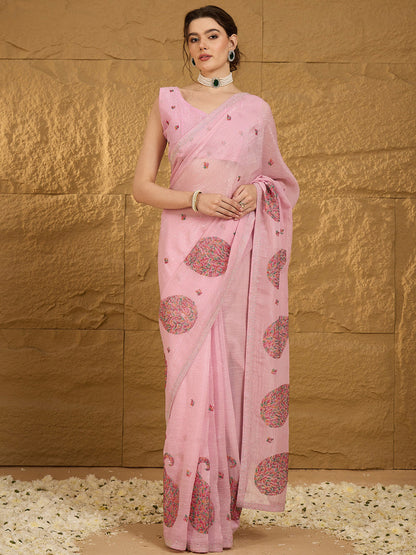 Women's Chiffon Pink Embellished Designer Saree With Blouse Piece
